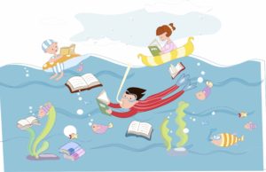 A cartoon drawing of children reading in the ocean. There is a child swimming and another one in a boat.