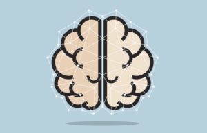 A brain on a light blue background with lines connected around the brain