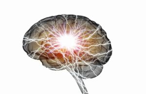 Shiny brain in between thunder lightning on white background