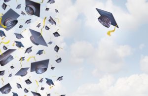 Individual education concept or individualized learning plan symbol as a group of mortar hats or graduation caps flying in the air and a single graduate hat flying alonev in the opposite direction